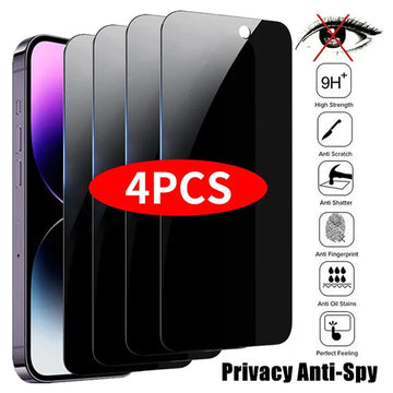 Four privacy anti-spy screen protectors with a smartphone on a white background