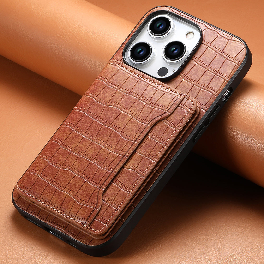 	Black Leather iPhone Case with Crocodile Texture and Card Slot