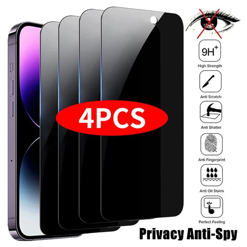 Four privacy anti-spy screen protectors with a smartphone on a white background
