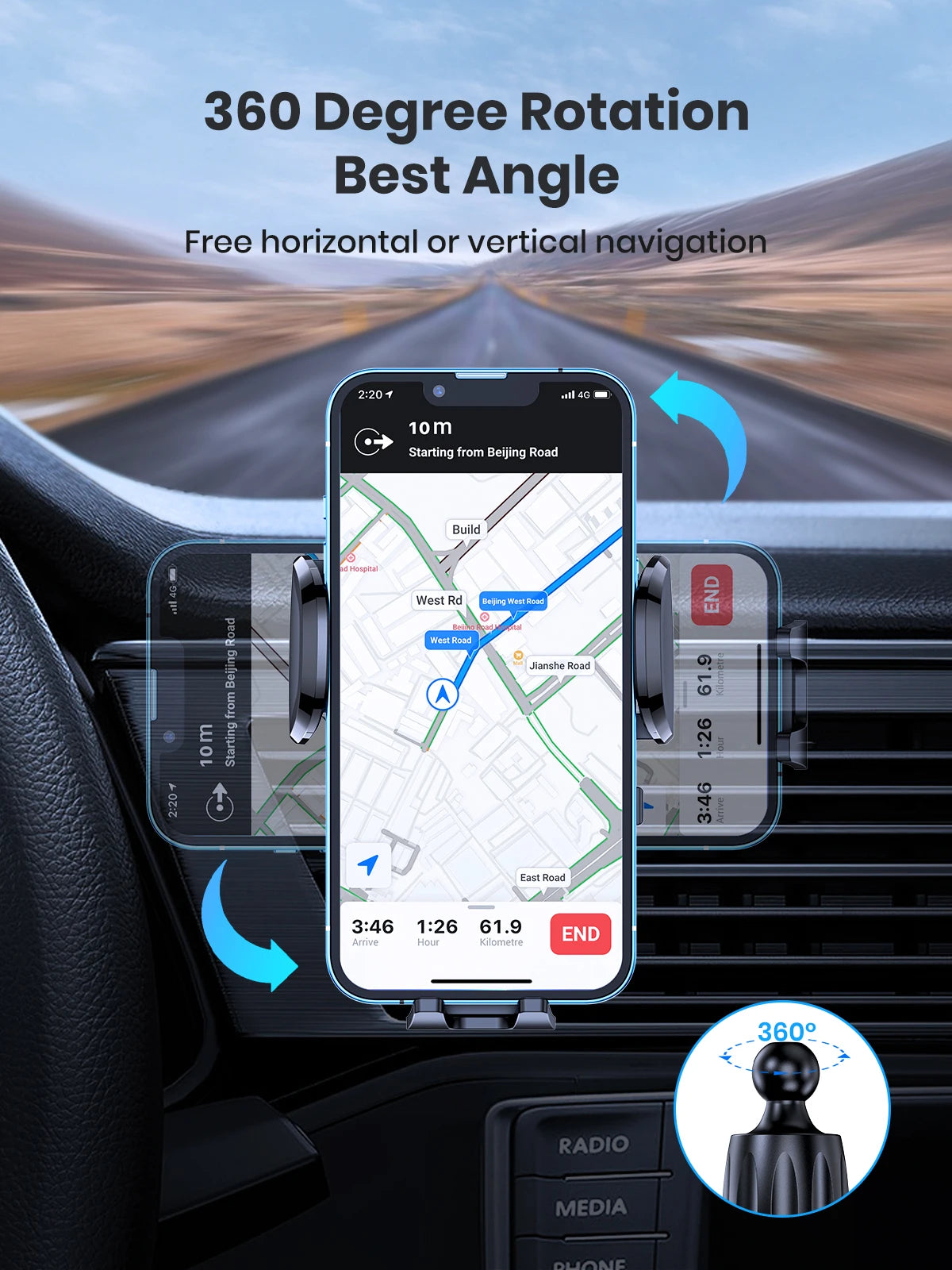TOPK D36-G Universal 360° Car Phone Holder with Hook Clip Air Vent Mount